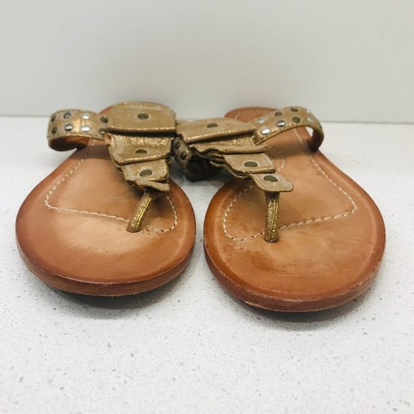 TRASK Tan Leather Sandals Thong Crackle Bronze Studded Cascade Padded Sz 7 - Picture 6 of 16